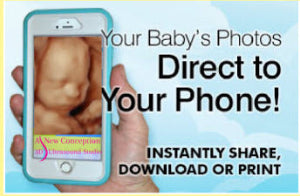 Promotional graphic for a phone app with a hand holding a phone displaying an ultrasound image, text about baby photos, and sharing options.
