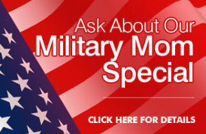 Promotional graphic for a 'Military Mom Special' with American flag design.